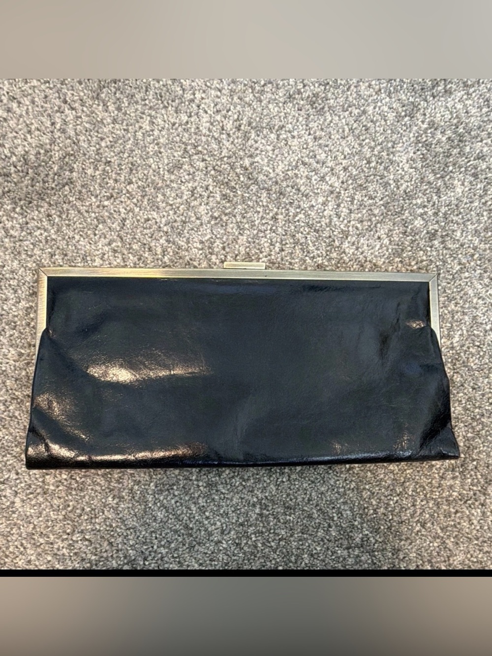 HOBO Black Leather Frame Clutch with Gold Trim/Paisley Interior